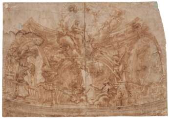 Domenico I Piola. Große dekorative Entwurfsskizze mit dem Bild des Heiligen Lukas und der Jungfrau Maria