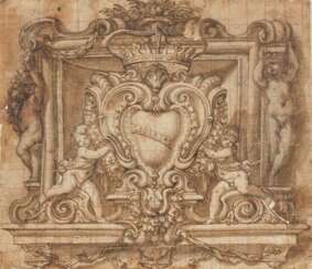 Domenico I Piola. Dekoratives Motiv mit Putten, die ein Wappen halten