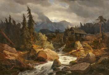 Andreas Achenbach. Wild Stream with Watermill in Norway