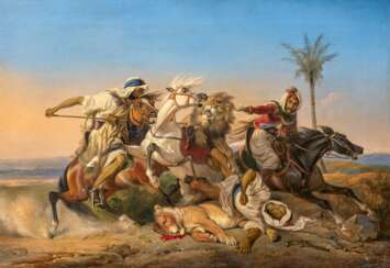 Raden Saleh Ben Jaggia. Kampf arabischer Reiter mit Löwen