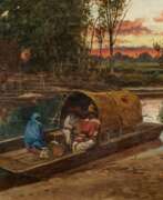 Август Лор. August Lohr. Riverscape in Mexico with People in the Boat