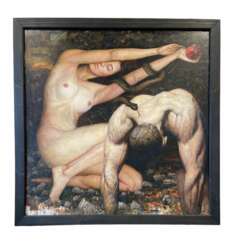 Overpainted gicl&eacute;e print on canvas, Adam and Eve. 2023. By Kartashov Andrey, Russia, 21st century. 1 of 15 Tinted print.
