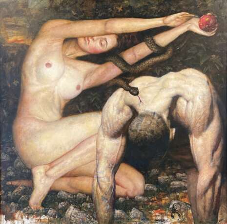 Overpainted gicl&eacute;e print on canvas Adam and Eve. 2023. By Kartashov Andrey Russia 21st century. 1 of 15 Tinted print. Canvas 21th century - photo 2