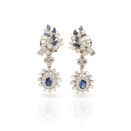 Pair of clip earrings set with sapphires and diamonds - фото 2