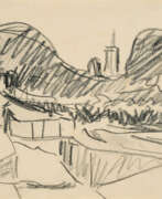 Pencil. Ernst Ludwig Kirchner. Waldige Landschaft mit Durchblick auf einen Turm
