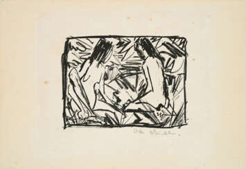Otto Mueller. Ein sitzendes und ein kniendes Mädchen unter Blättern