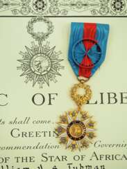 Liberia: Orden des Sterns von Afrika, Offiziersdekoration, im Etui, mit Urkunde für Otto Rathje.