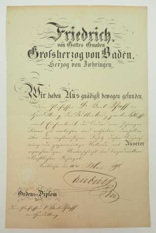 Baden: Großherzoglicher Orden vom Zähringer Löwen, Ritterkreuz 2. Klasse mit Eichenlaub Urkunde für einen Prof. Dr. in Heidelberg. - photo 1