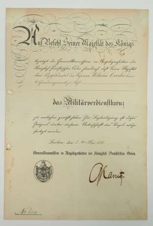 Preussen: Militärverdienstkreuz Urkunde für einen Vizefeldwebel d.Res. im 4. Garderegiment zu Fuß. - photo 1