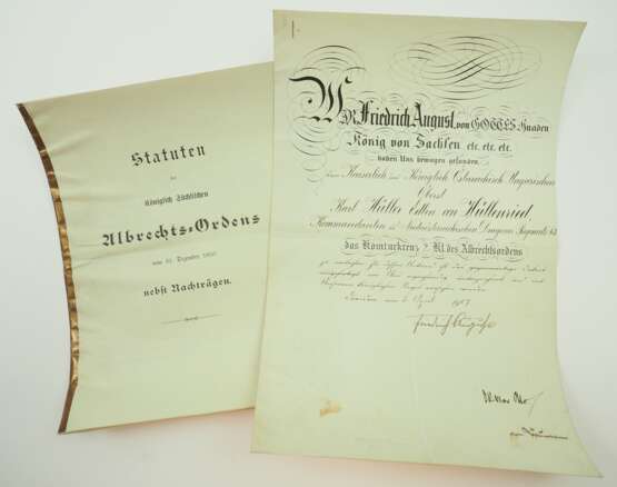 Sachsen: Albrechtsorden, Komturkreuz 2. Klasse Urkunde für einen österreichischen Oberst und Kommandeur des Niederösterreichischen Dragoner-Regiment No. 3. - Foto 1