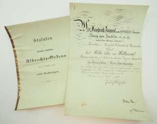 Sachsen: Albrechtsorden, Komturkreuz 2. Klasse Urkunde für einen österreichischen Oberst und Kommandeur des Niederösterreichischen Dragoner-Regiment No. 3.