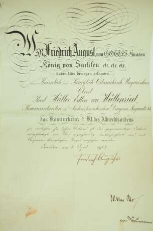 Sachsen: Albrechtsorden, Komturkreuz 2. Klasse Urkunde für einen österreichischen Oberst und Kommandeur des Niederösterreichischen Dragoner-Regiment No. 3. - фото 2