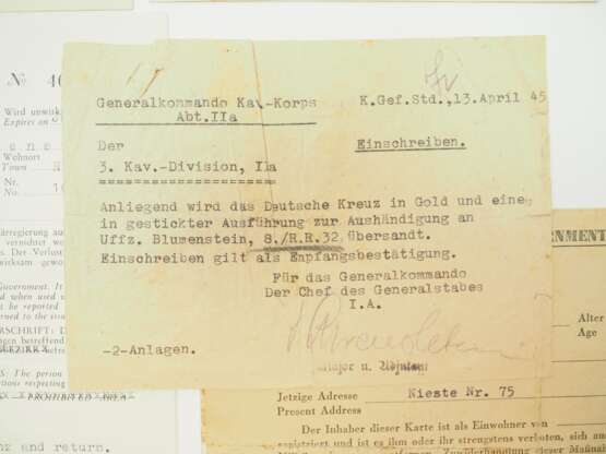 Urkundennachlass des Deutsche Kreuz in Gold Trägers Unteroffizier Walter Blumenstein, 8./ Reiter-Regiment 32. - photo 2