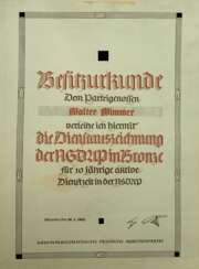 NSDAP: Dienstauszeichnung, in Bronze Urkunde.