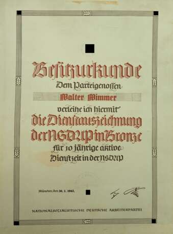 NSDAP: Dienstauszeichnung, in Bronze Urkunde. - Foto 1