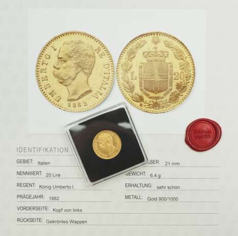 Italien: 20 Lire, König Umberto I. 1882 - GOLD. - фото 3