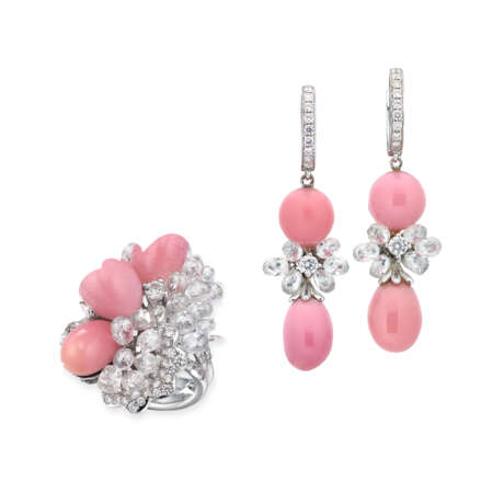 CONCH PEARL AND DIAMOND EARRINGS AND RING - Foto 1