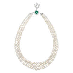 BHAGAT NATURAL PEARL, EMERALD AND DIAMOND NECKLACE