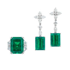 EMERALD AND DIAMOND EARRINGS AND RING