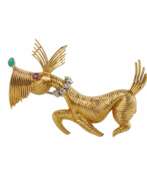 Broches et épingles. Amusante broche en or en forme de chien rigolo, avec diamants, rubis et turquoise.