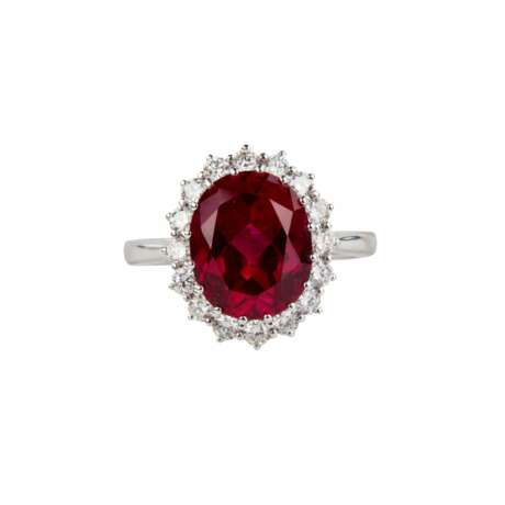 White gold ring with synthetic ruby and diamonds. - photo 4