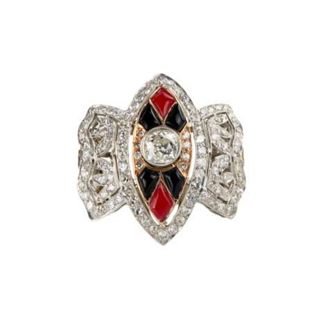 Platinum ring with gold, diamonds, agate and coral. - Foto 2