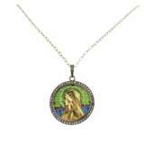 An elegant gold pendant on a chain with Our Lady on stained glass enamel, in an antique case. - Foto 1
