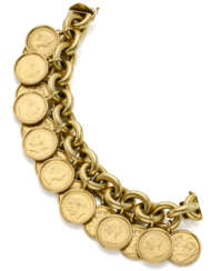 Yellow gold chain bracelet holding sixteen coin charms, g 216.66 circa, length cm 21.0 circa. Marked 289 VI. (slight defects)
