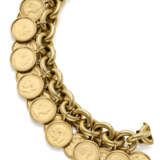 Yellow gold chain bracelet holding sixteen coin charms, g 216.66 circa, length cm 21.0 circa. Marked 289 VI. (slight defects) - фото 2