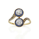 Old mine and rose cut diamond, calibré sapphire, yellow gold and platinum contrariè ring, old mine diamonds in all ct. 1.20 circa, g 4.11 circa size 18.5/58.5. | | Appended short report CISGEM n. 26449 24/11/2023, Milano - photo 1