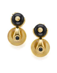 MARINA B | Onyx, quartz and yellow gold "Pneu" pendant earrings, g 39.81 circa, length cm 3.7 circa. Signed Marina B 1987, MB, marked 2875 AL, inventory number and French import mark. In original pouch