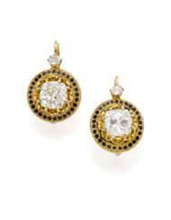 Old mine ct. 1.76 and ct. 1.47 diamond and enamel yellow chiseled gold earrings accented with two smaller diamonds, in all ct. 3.30 circa, g 5.18 circa, length cm 1.7 circa. Northern Italy hallmarks. | | Appended short report CISGEM n. 26446 24/11/