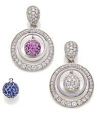 SABBADINI - CHANTECLER CAPRI | Diamond and white gold earrings holding removable pendant loops and three interchangeable diamond, ruby and sapphire beads, diamonds in all ct. 7.40 circa, in all g 37.92 circa, length cm 4.80 circa. Earclips signed and