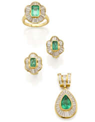 Diamond, emerald and yellow gold jewellery set comprising size 17/57 ring, cm 1.80 circa earrings and cm 3.50 circa pendant, diamonds in all ct. 4.40 circa, emeralds in all ct. 5.20 circa, in all g 32.81 circa.
