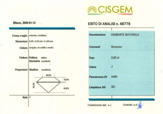 Round ct. 2.08 and ct. 2.09 diamond white gold earrings, g 4.18 circa, length cm 0.9 circa. | | Appended diamond report CISGEM n. 48777 13/01/2009, Milano | Appended diamond report CISGEM n. 48778 13/01/2009, Milano. - photo 3