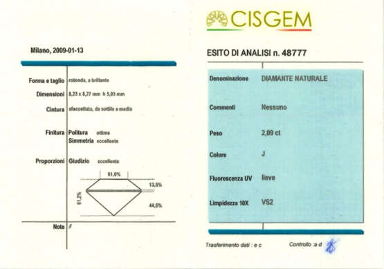 Round ct. 2.08 and ct. 2.09 diamond white gold earrings, g 4.18 circa, length cm 0.9 circa. | | Appended diamond report CISGEM n. 48777 13/01/2009, Milano | Appended diamond report CISGEM n. 48778 13/01/2009, Milano. - photo 4