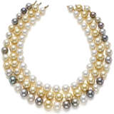 Three white, grey and gold graduated pearl necklaces, mm 10.30 to mm 15.00 circa pearls, cm 51.00, cm 46.00 and cm 42.00 circa necklaces, with bi-coloured gold hidden clasps, in all g 296.40 circa. - фото 1