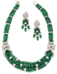 Emerald bead, diamond and white gold jewellery set comprising cm 42.00 circa two and three strand necklace together with cm 5.30 circa tassel pendant earrings, in all g 152.66 circa. French import marks. Cased by Sabbadini (slight defects and losses)