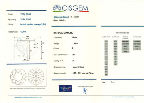 Round ct. 1.96 and ct. 1.98 diamond and white gold earrings, g 3.87 circa, length cm 0.9 circa. Cased by Gioielli Fontana | | Appended diamond report CISGEM n. 52184 11/09/2009, Milano | Appended diamond report CISGEM n. 52185 11/09/2009, Milan. - фото 3