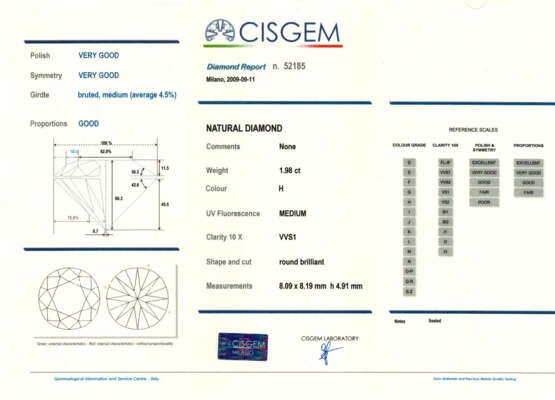 Round ct. 1.96 and ct. 1.98 diamond and white gold earrings, g 3.87 circa, length cm 0.9 circa. Cased by Gioielli Fontana | | Appended diamond report CISGEM n. 52184 11/09/2009, Milano | Appended diamond report CISGEM n. 52185 11/09/2009, Milan. - фото 4