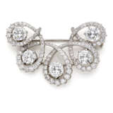 Round ct. 1.07, ct. 1.08, ct. 1.09, ct. 1.18 and ct. 1.20 circa diamond and white gold brooch accented with smaller diamonds, in all ct. 7.10 circa, g 22.37 circa, length cm 4.9 circa. (losses) - photo 1