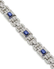 Round and baguette diamond, octagonal sapphire and platinum modular bracelet, diamonds in all ct. 7.00 circa, sapphires in all ct. 8.00 circa, g 34.38 circa, length cm 18 circa. Inventory number. | | Appended jewel report CISGEM n. 26794 29/01/2024