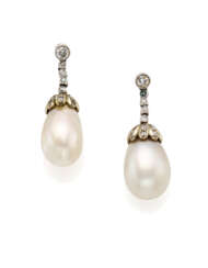Natural saltwater pearl, diamond and white gold pendant earrings, mm 9.73-11.04 x 15.00 and mm 9.95-10.16 x 14.45 circa pearls, g 8.72 circa, length cm 3.10 circa. Cased by Cusi | | Appended gemmological report CISGEM n. 26629 18/12/2023, Milano