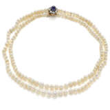Two strand natural slightly irregular saltwater pearl graduated necklace accented with cabochon ct. 3.30 circa sapphire, diamond, yellow gold and silver clasp, mm 4.20 to mm 6.60 circa pearls, diamonds in all ct. 1.10 circa, g 33.40 circa, length cm - photo 1