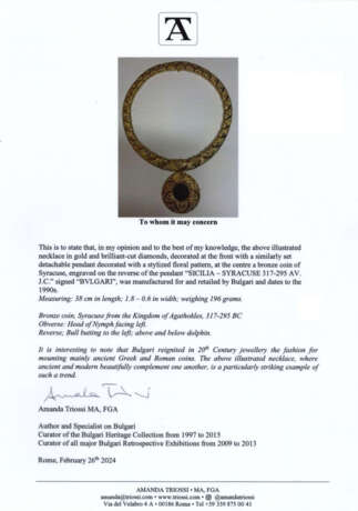 BULGARI | Diamond and yellow gold necklace holding a Syracuse bronze coin detachable pendant, engraved on the reverse of the pendant "SICILIA - SYRACUSE 317-295 AV. J.C.", diamonds in all ct. 20.00 circa, g 196.04 circa, length cm 38.00 circa. Signed - фото 4