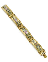 Enamel and yellow chiseled gold modular band bracelet, g 31.46 circa, length cm 18.3, width cm 1.6 circa. (defects and losses)