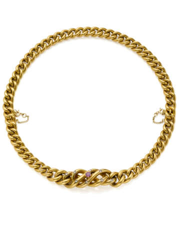 Ruby and rose cut diamond yellow gold groumette link necklace divisible into two cm 22.70 and cm 18.80 circa bracelets, g 41.47 circa, length cm 41.5 circa. (slight defects) - photo 1