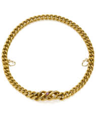 Ruby and rose cut diamond yellow gold groumette link necklace divisible into two cm 22.70 and cm 18.80 circa bracelets, g 41.47 circa, length cm 41.5 circa. (slight defects)