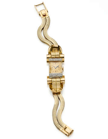 Diamond and yellow gold lady's wristwatch with two strand bracelet, diamonds in all ct. 0.50 circa, g 67.73 circa. French import marks. (Glass with slight defects) - Foto 3