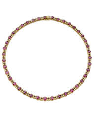Diamond and ruby yellow gold necklace, diamonds in all ct. 3.30 circa, rubies in all ct. 18.00 circa, g 48.25 circa, length cm 41.50 circa.